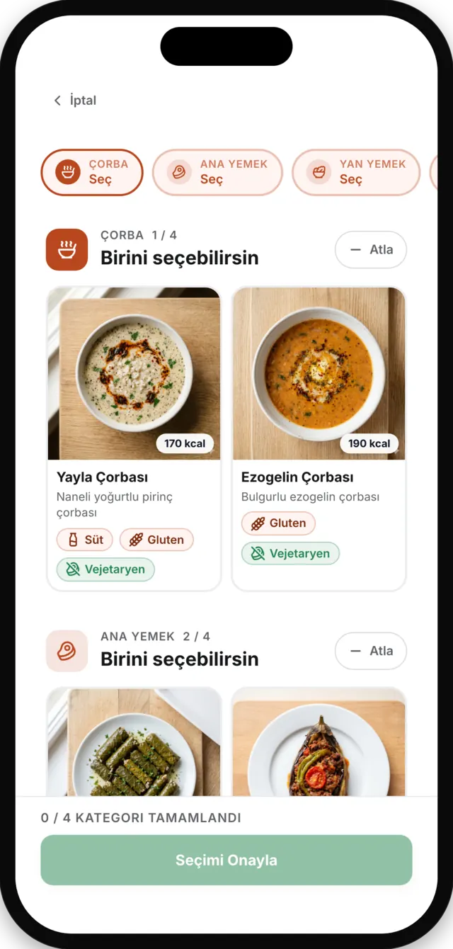 Çalışan menü seçim ekranı