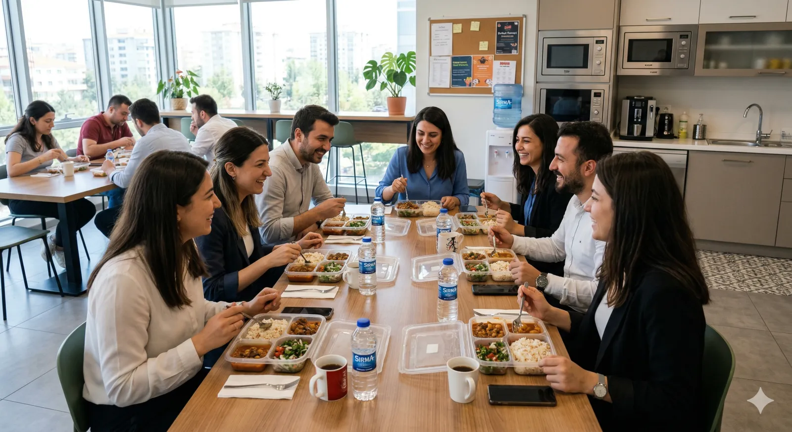 Ofis yemek alanında birlikte öğle yemeği yiyen çalışanlar