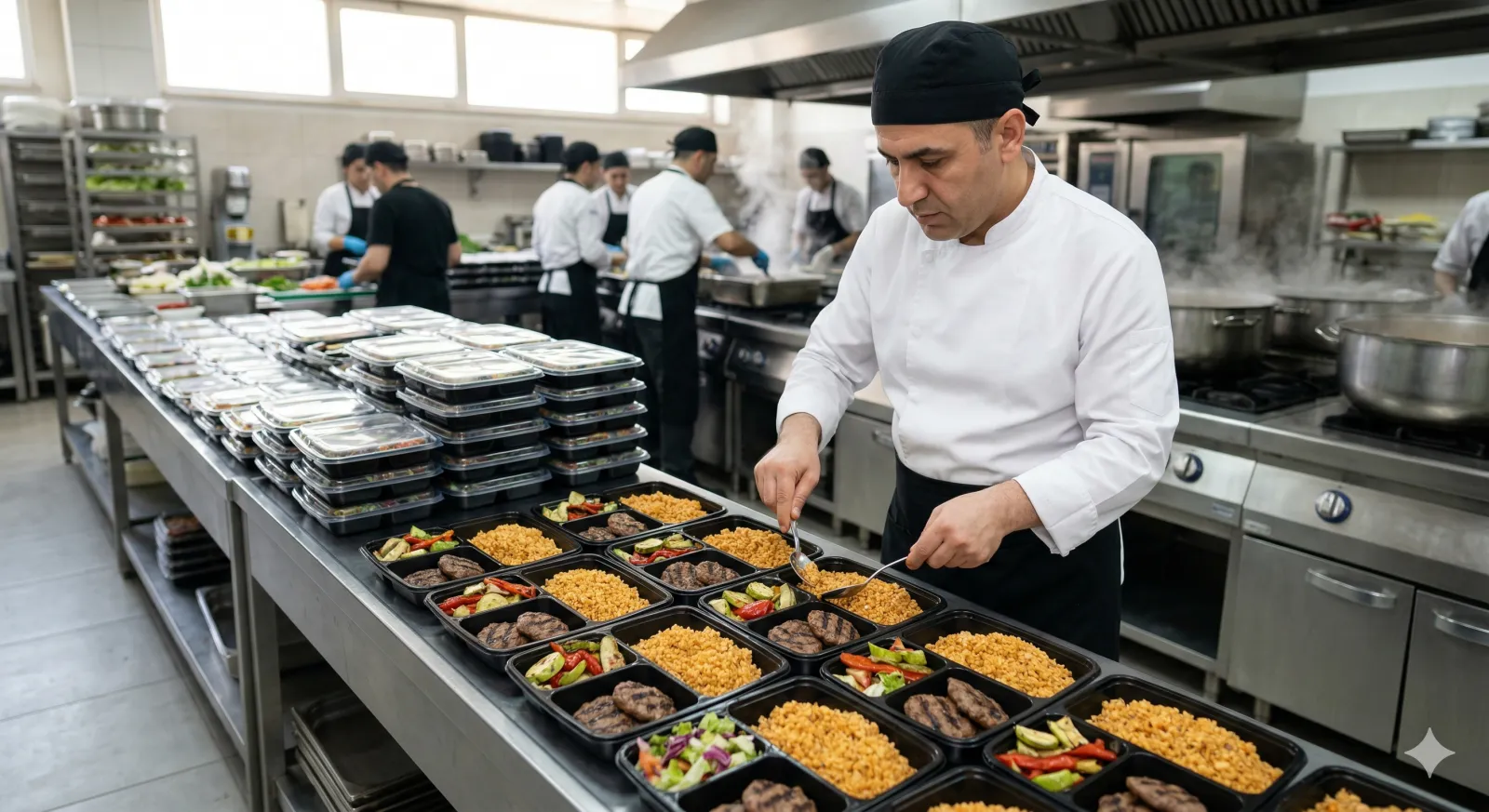 Toplu yemek servisi için tabak hazırlayan aşçı