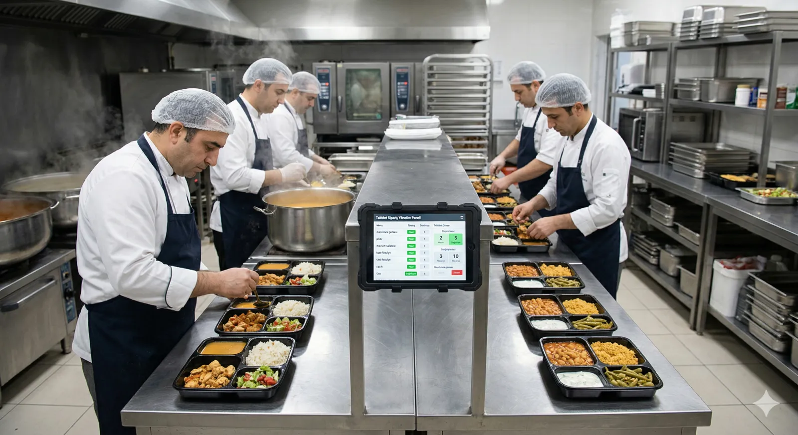 Endüstriyel mutfakta toplu yemek hazırlayan ekip